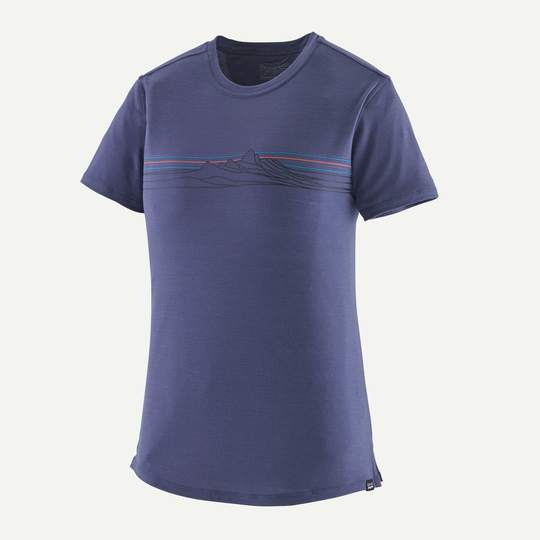 W's Cap Cool Merino Blend Graphic Shirt in blue, breathable and odor-controlling with RWS certified merino wool and recycled polyester for comfort and mobility.