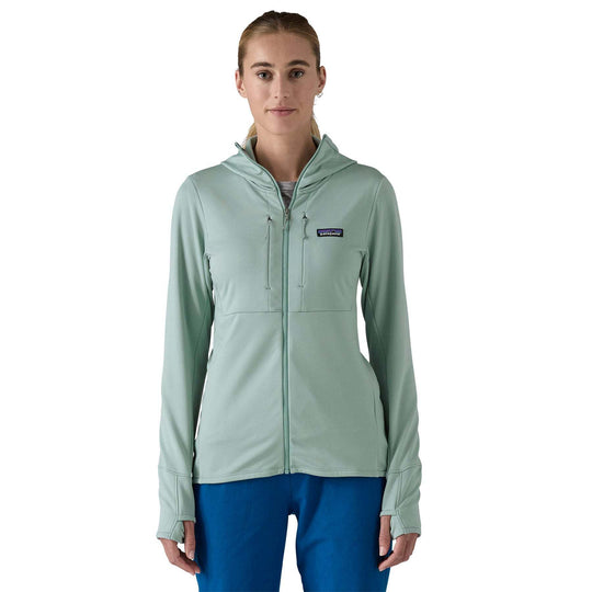 Women's R1® Thermal Full-Zip Hoody in green, designed for cold alpine conditions with breathable micro-fleece interior and helmet-compatible hood.
