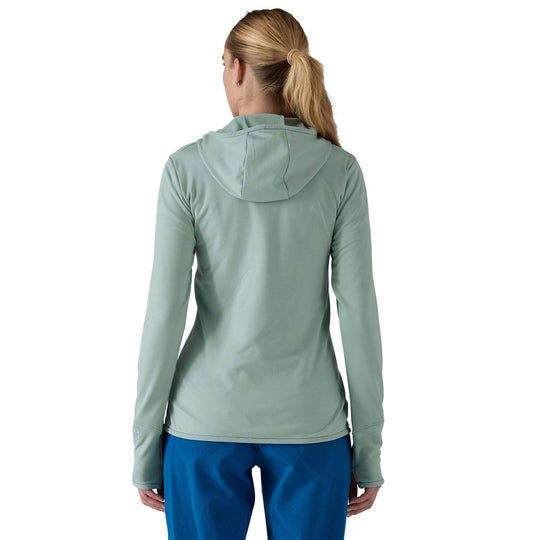 W's R1 Thermal Full-Zip Hoody in light green; back view showing full coverage design, elasticated hood, and comfortable fit for alpine activities.