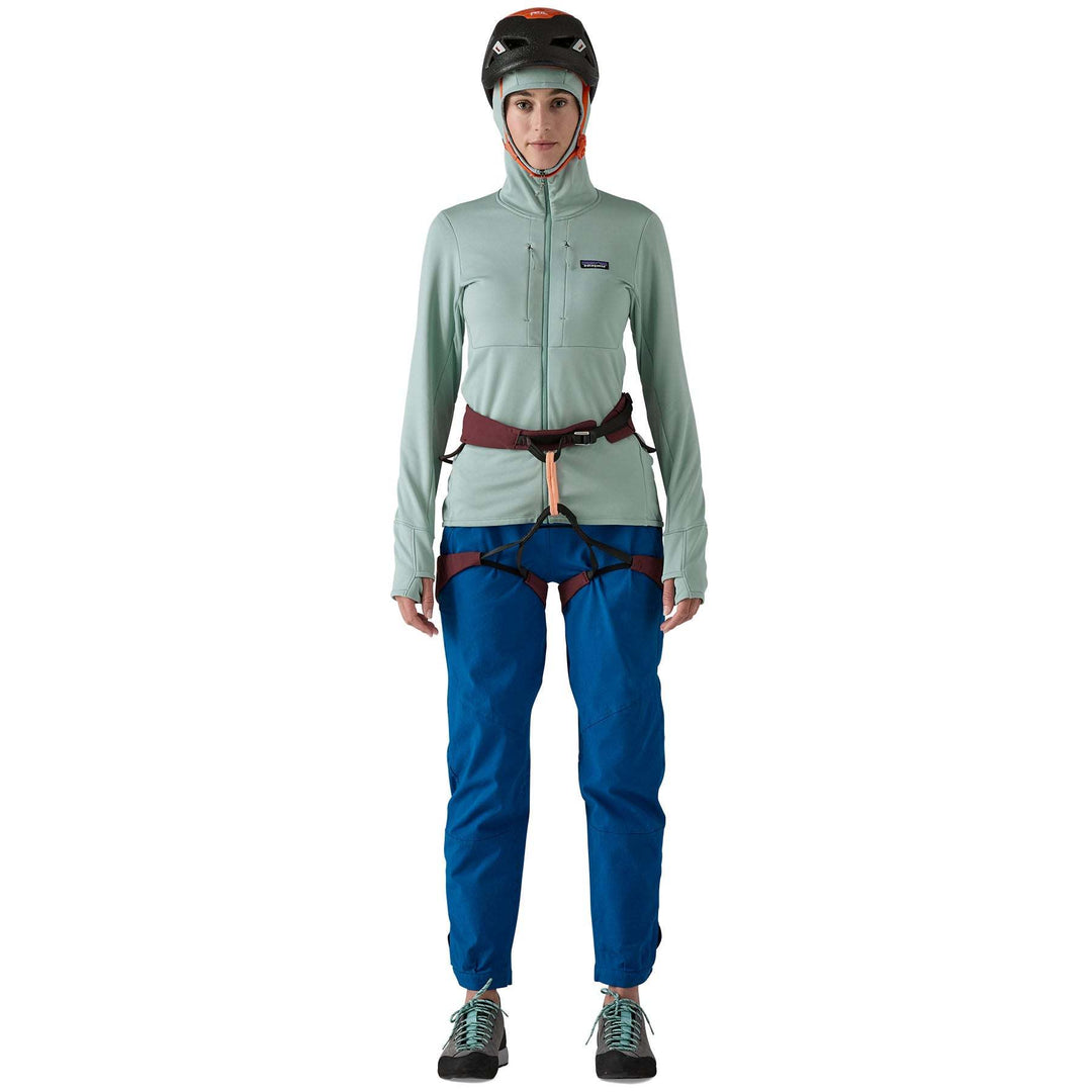 W's R1 Thermal Full-Zip Hoody with helmet-compatible hood, worn by climber.