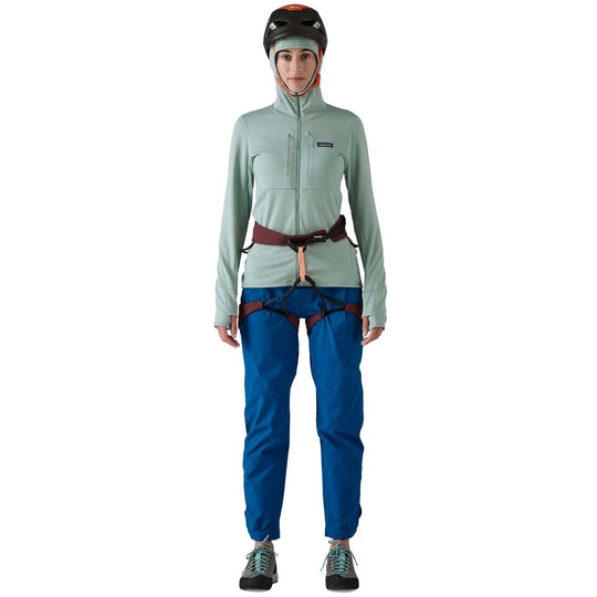 W's R1 Thermal Full-Zip Hoody with helmet-compatible hood, worn by climber.