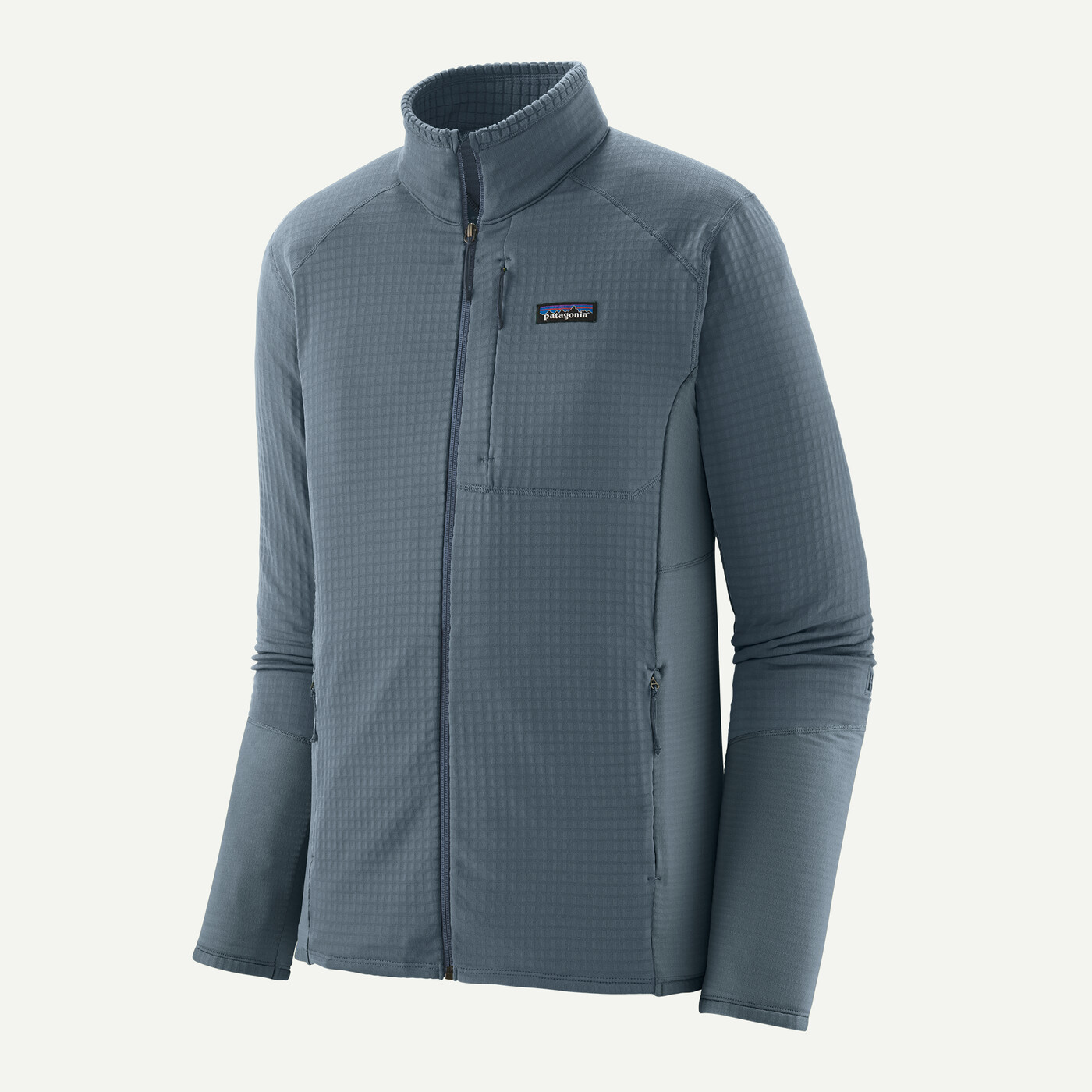 Lightweight, compressible R1 Jkt with breathable Polartec® Power Grid™ fabric in blue.