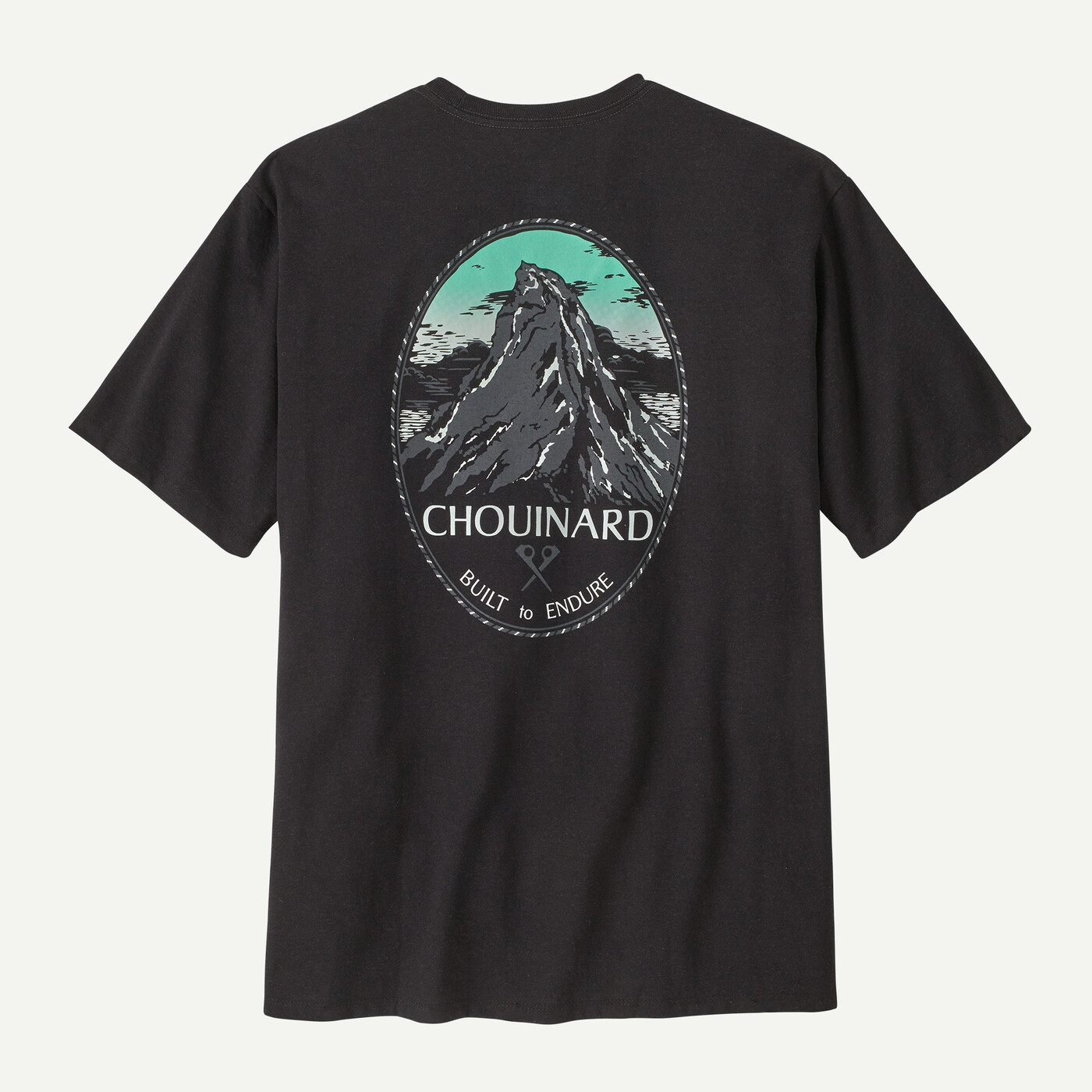 Chouinard Crest Pocket Responsibili-Tee, recycled materials, graphic design, Fair Trade Certified, comfortable fit.