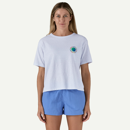 W's Unity Fitz Easy Cut Responsibili-Tee in white, featuring Earth motif, made from recycled materials, comfortable boxy fit.
