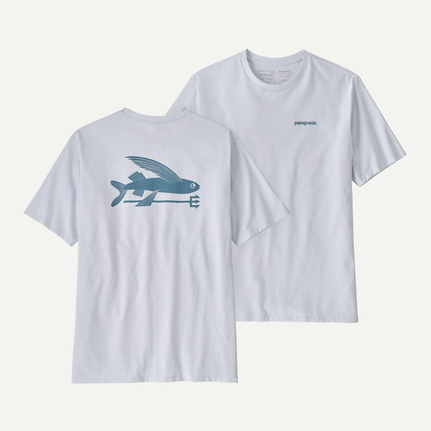 M's Flying Fish Responsibili-Tee with original artwork, made from recycled cotton and polyester, fair trade certified.