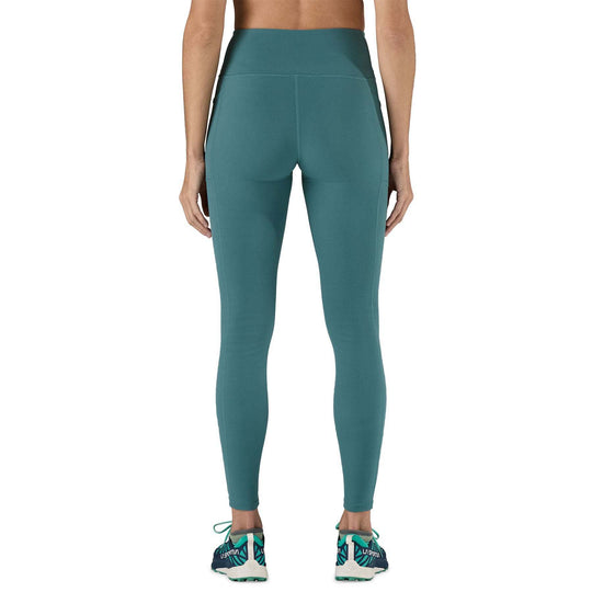 W's Maipo 7/8 Stash Tights, technical leggings, recycled nylon, high-waisted, breathable fabric, teal color, Fair Trade Certified.