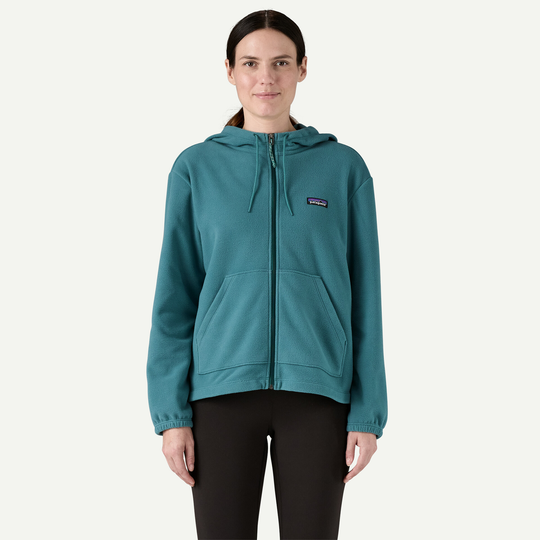 Micro D Fleece Hoody in blue, made from 100% recycled polyester, featuring full zip, hood with drawstring, elastic cuffs, and hand-warmer pockets.