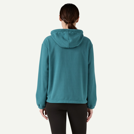 W's Micro D Fleece Hoody in blue, back view, showcasing hood and elastic cuffs.
