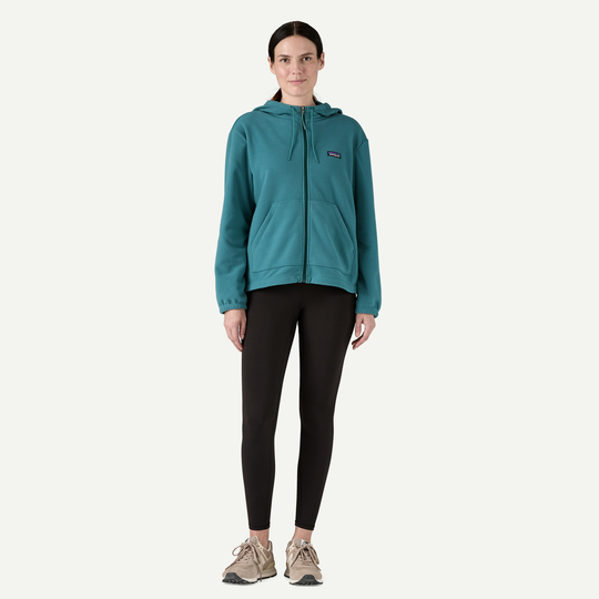 W's Micro D Fleece Hoody in teal with full zip, front pockets, and hood, made from recycled polyester.