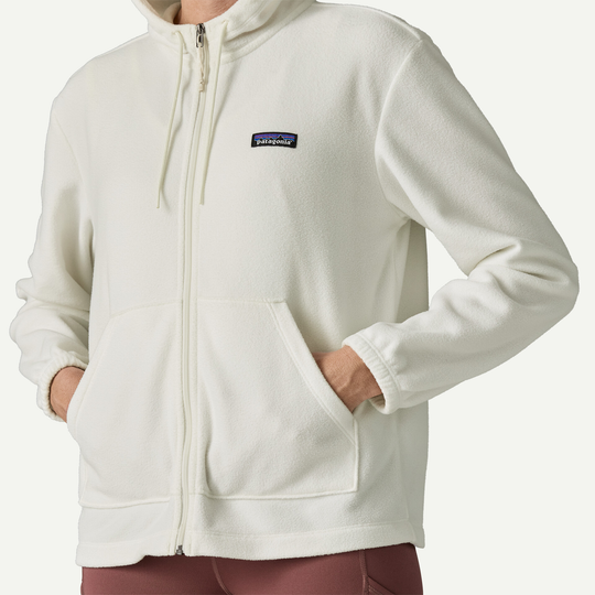 W's Micro D Fleece Hoody in white, featuring full zip, front pockets, and hood with drawstring.