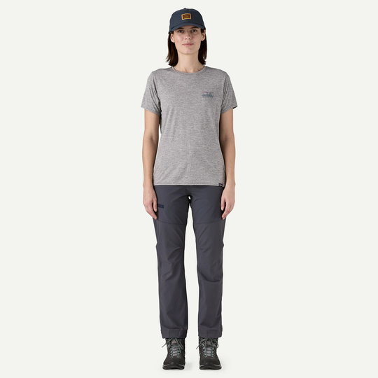 Women's Terravia Peak Pants in dark gray, featuring a slim fit designed for adventure with recycled nylon and elastane blend material.