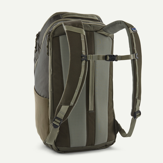 32L Black Hole Pack, durable recycled polyester, water-repellent, laptop compartment, breathable back panel.