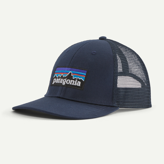 P-6 Logo Lopro Trucker Hat with recycled fishing nets visor, organic cotton front, and adjustable back.