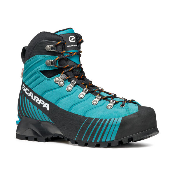 Women's Ribelle Hd hiking boot with blue design, advanced lacing, and durable sole suitable for mountaineering.
