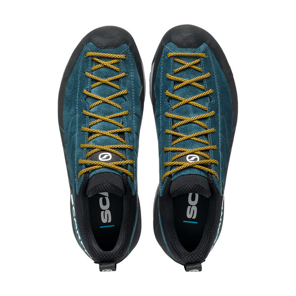 Mescalito Gtx waterproof hiking shoes with yellow laces and blue suede upper.