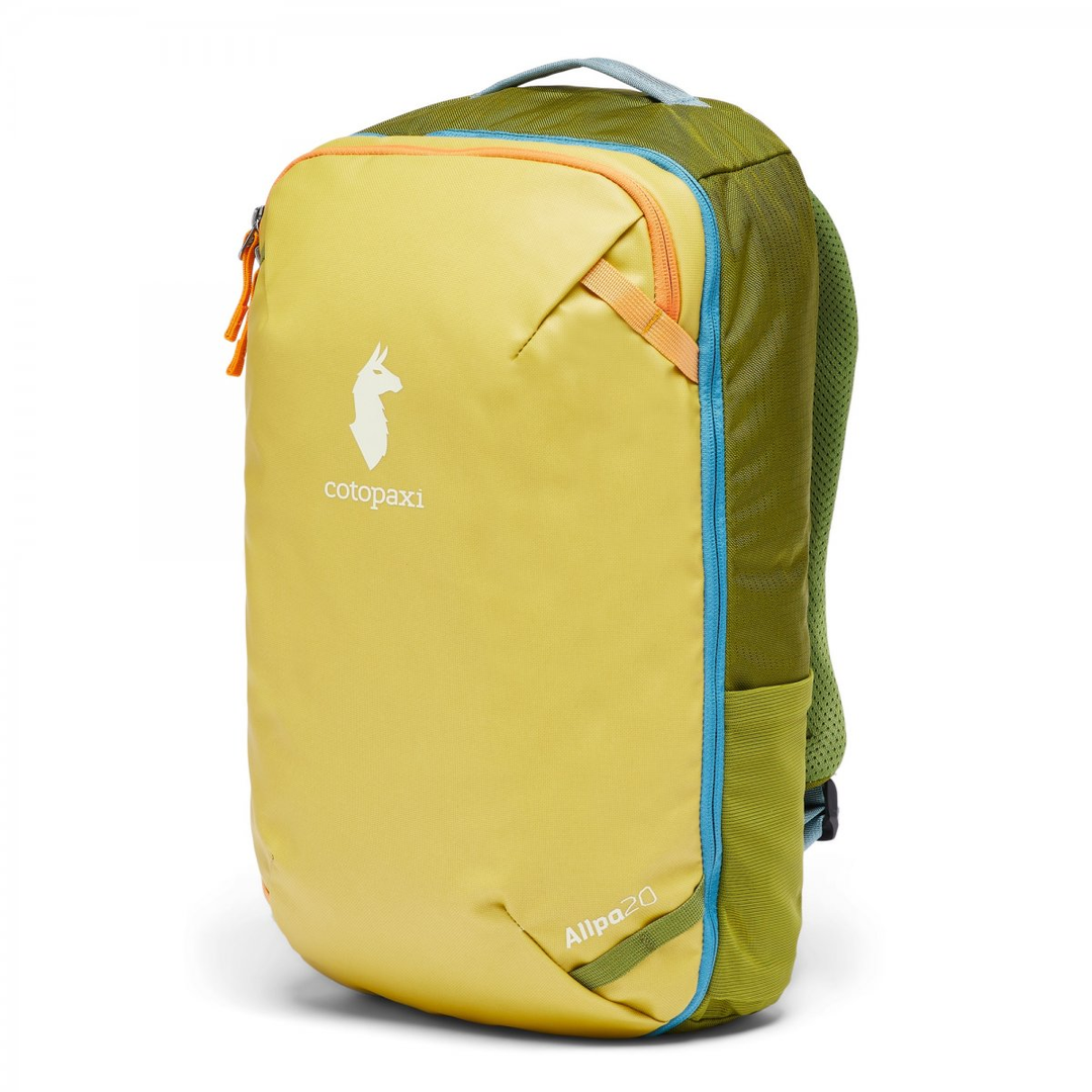 Allpa Mini 20L Travel Pack, durable yellow and green backpack, suitcase-style opening, eco-friendly materials.