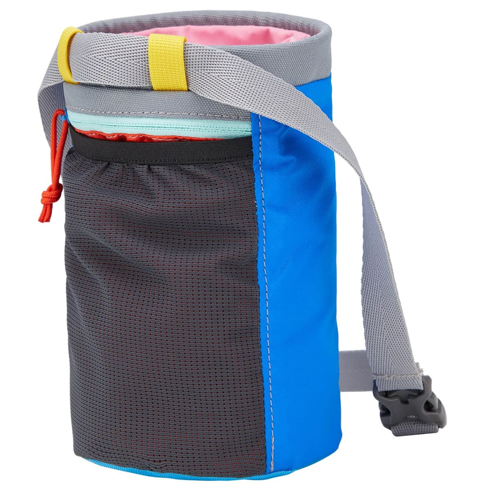 Halcon Chalk Bag made from recycled nylon with adjustable drawstring closure, fleece lining, and elastic brush holder.