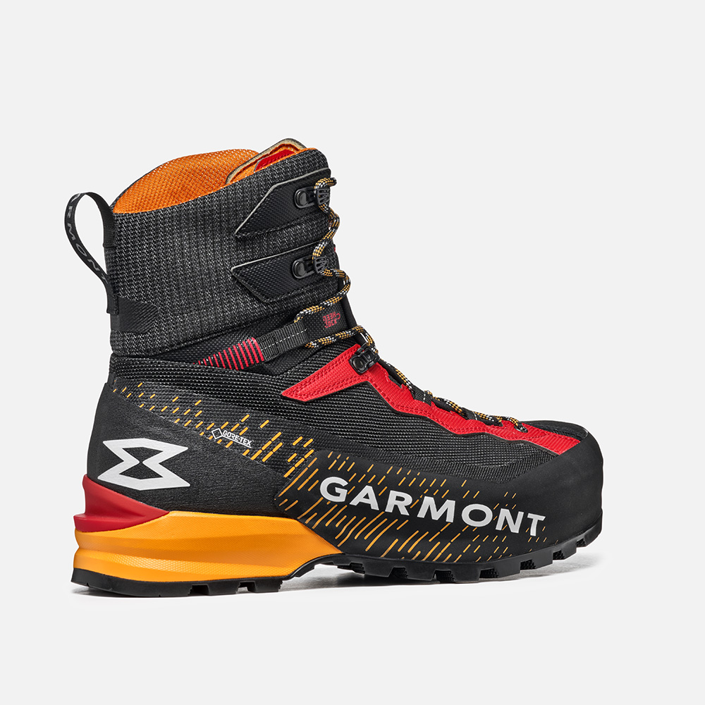 Tower 3.0 Gtx alpine boot with red and black design, featuring durable mesh and polyester upper, asymmetric collar, and advanced traction sole.