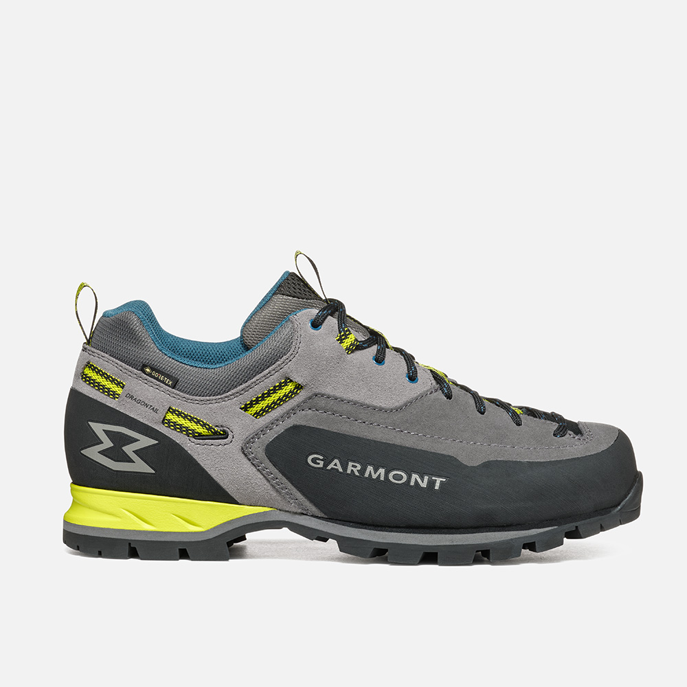 Waterproof Dragontail Mnt Evo Gtx M approach shoes with suede upper and extended lacing for technical support on rocky terrains.
