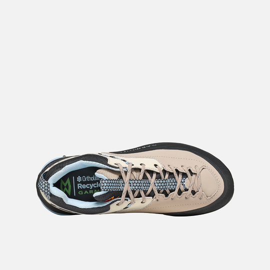Top view of Dragontail Tech Geo Wms hiking shoe with sustainable microfiber and extended lacing.