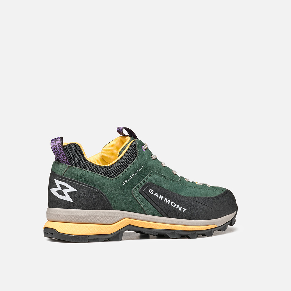 Dragontail Wms mountain shoes, suede upper, extended lacing, green and yellow design.