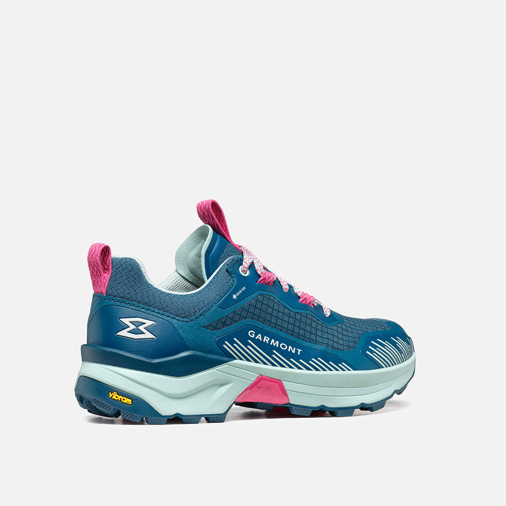 Lightweight, waterproof 9.81 Engage hiking shoe for women, teal and pink design.