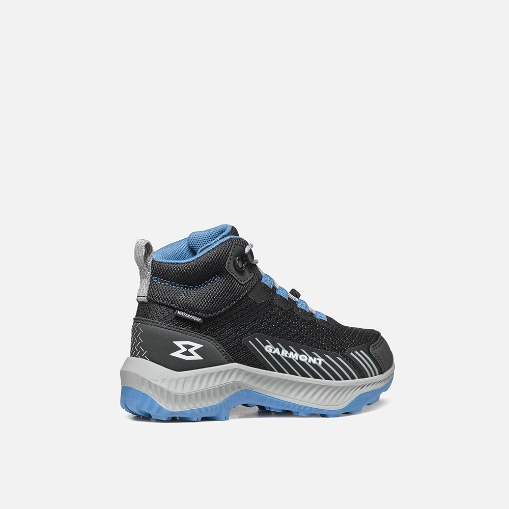 9.81 Kids Pulse Mid WP black and blue hiking shoes with breathable polyester upper and waterproof G-DRY membrane.