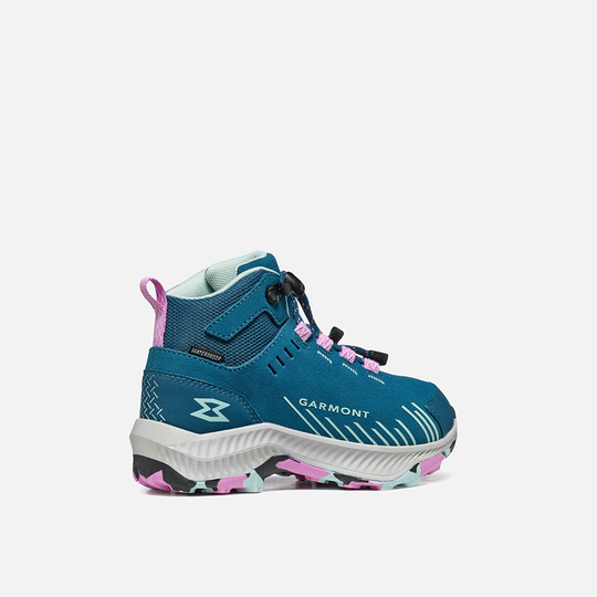 Waterproof 9.81 Kids Pulse Trek boots in blue with suede upper and pink accents for adventure and protection.