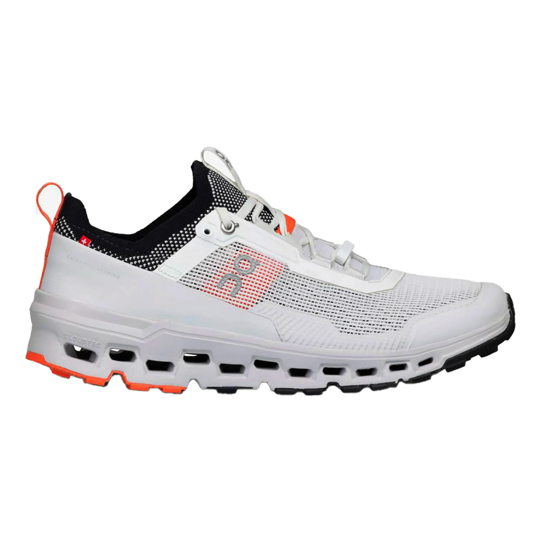 Cloudultra 2 W trail running shoe with Helion™ foam and Missiongrip™, white and orange design, side view.