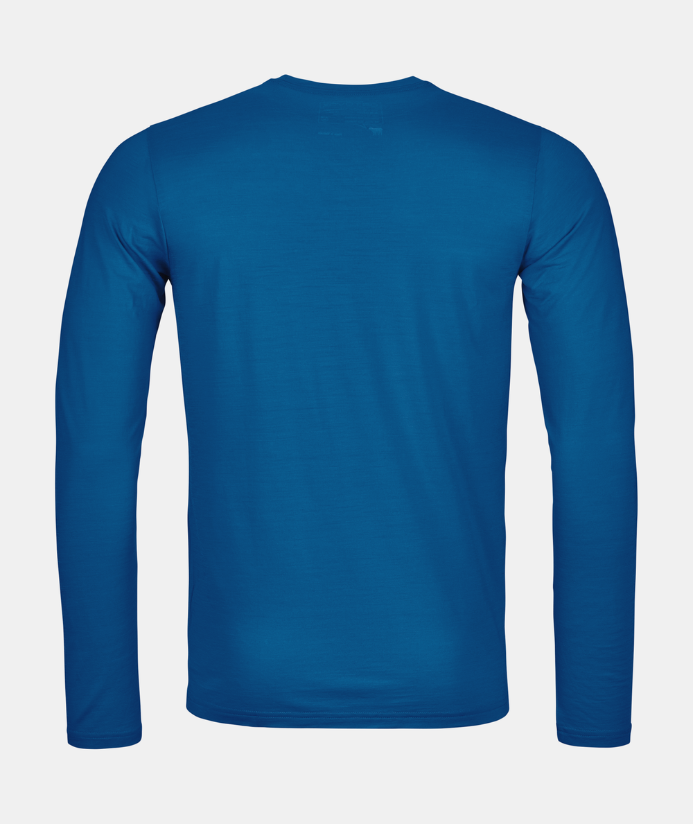 Blue long-sleeve shirt with mountain silhouette design.