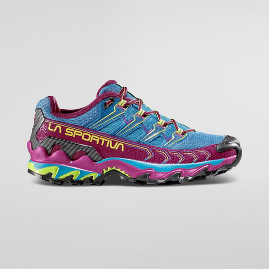 Trail running shoe for women, Ultra Raptor II, blue and pink, breathable air-mesh, durable for long distances.
