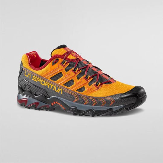 Trail running shoe Ultra Raptor II, orange and black design, highly breathable air-mesh, stability heel, cushioned sole.