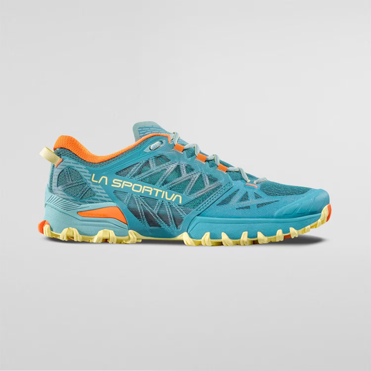 Bushido III Woman shoe with FriXion® Red sole, teal and orange design, and improved breathability for skyraces.