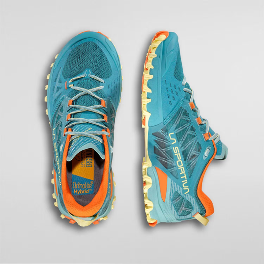 Bushido III Woman trail running shoes, blue and orange, featuring FriXion® Red sole for enhanced grip and breathability.