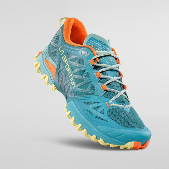 Trail running shoe Bushido III Woman, blue and orange with enhanced grip and stability features, designed for skyraces and off-road terrains.