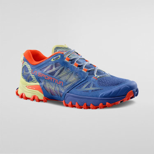 Bushido III Woman shoe, blue and red color, ideal for skyraces, featuring FriXion® Red outsole for enhanced grip and breathability.
