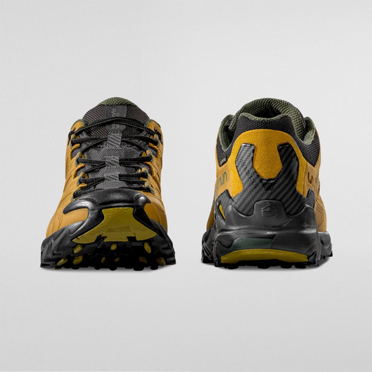 Ultra Raptor II Leather GTX hiking shoes in Nubuck leather, front and back view showing durable FriXion™ Blue sole and impact brake system.