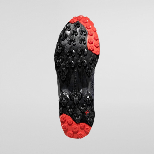 Sole of Akyra II Gtx hiking shoe with advanced traction pattern and red accents.