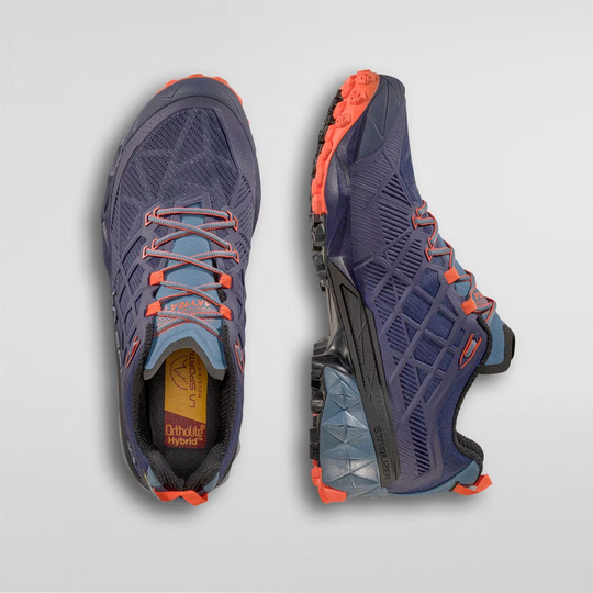 Akyra II Gtx trail running shoes with Gore-Tex, featuring 3D Grid construction and Impact Brake System, in blue and orange design.