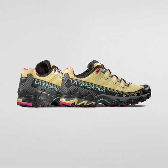 Ultra Raptor II Woman trail running shoes, yellow and black, designed for long-distance off-road running with breathable air-mesh and EVA cushioning.
