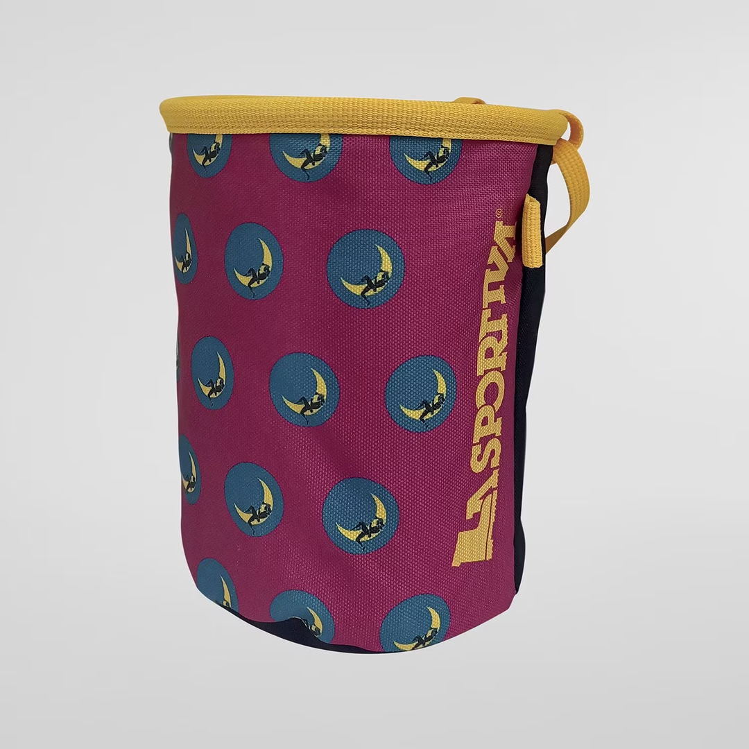 Climbing On The Moon Chalk Bag with colorful design and logo.