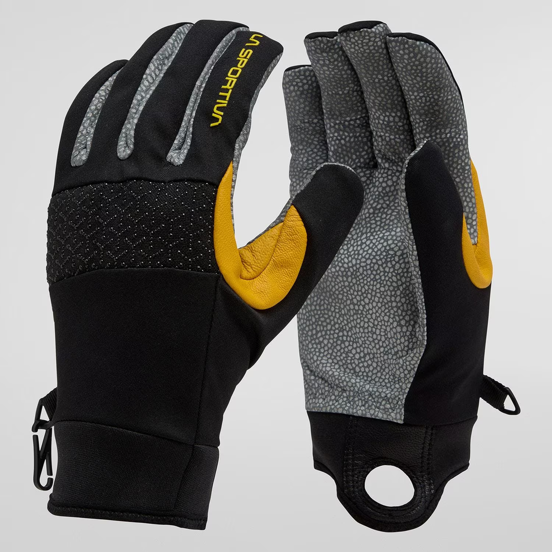 Supercouloir Tech Gloves for ice climbing and extreme winter activities, ergonomic design with goat leather, SuperFabric knuckle protection, and water-resistant features.