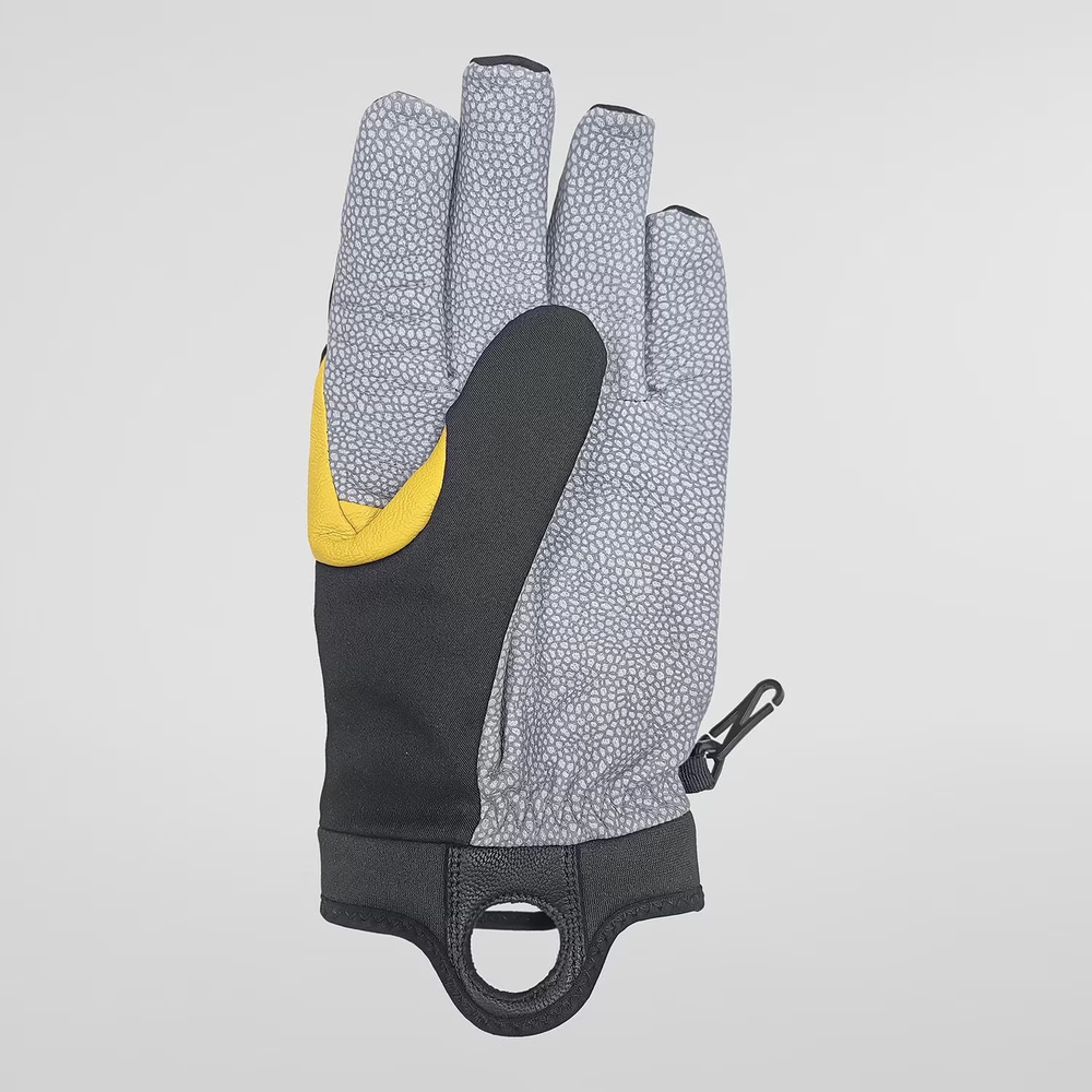 Supercouloir Tech Gloves for ice climbing, ergonomic and water-resistant design, grip with seamless palm, knuckle protection, and breathable goatskin leather.