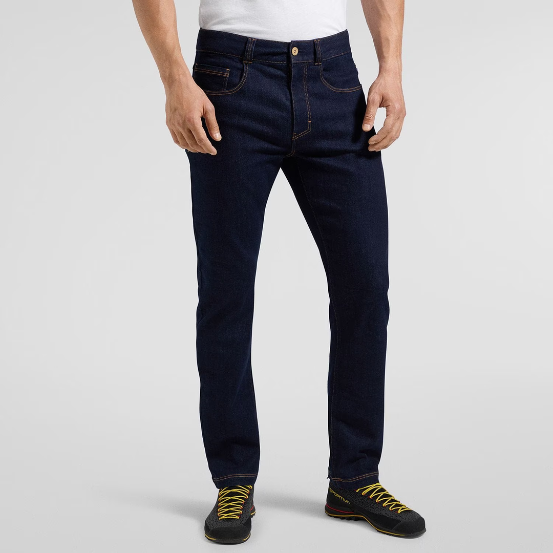 Eldo Jeans M, versatile denim with elastic fit suitable for climbing, featuring reinforced button closure and five open pockets.