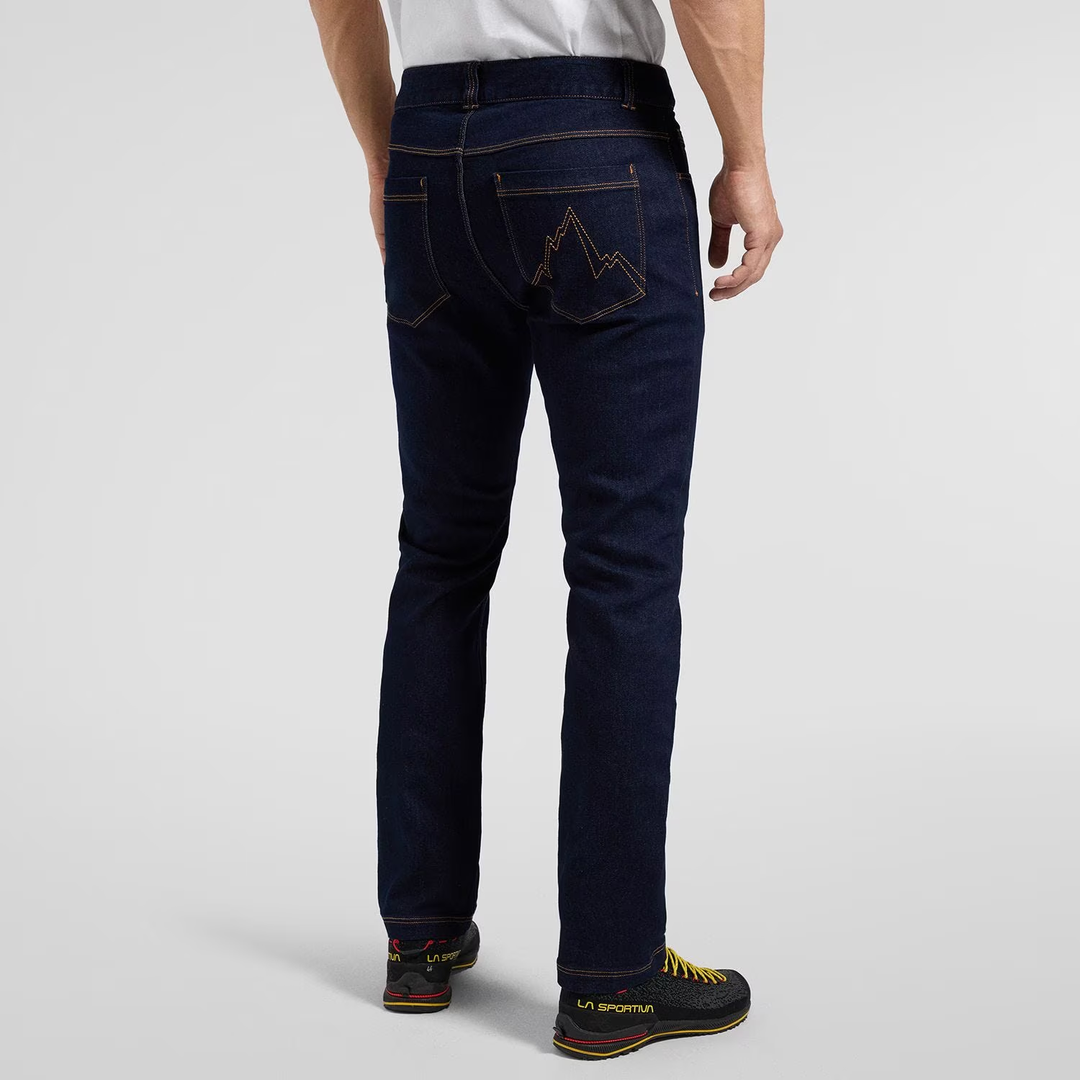 Eldo Jeans M denim pants showcasing regular fit and mountain-themed stitching on back pockets.