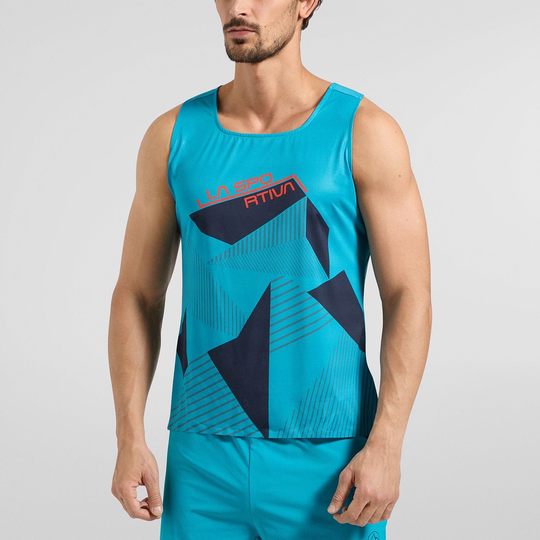 Ultralight blue Comp Tank M climbing t-shirt for athletes with modern design and wide shoulder cut.