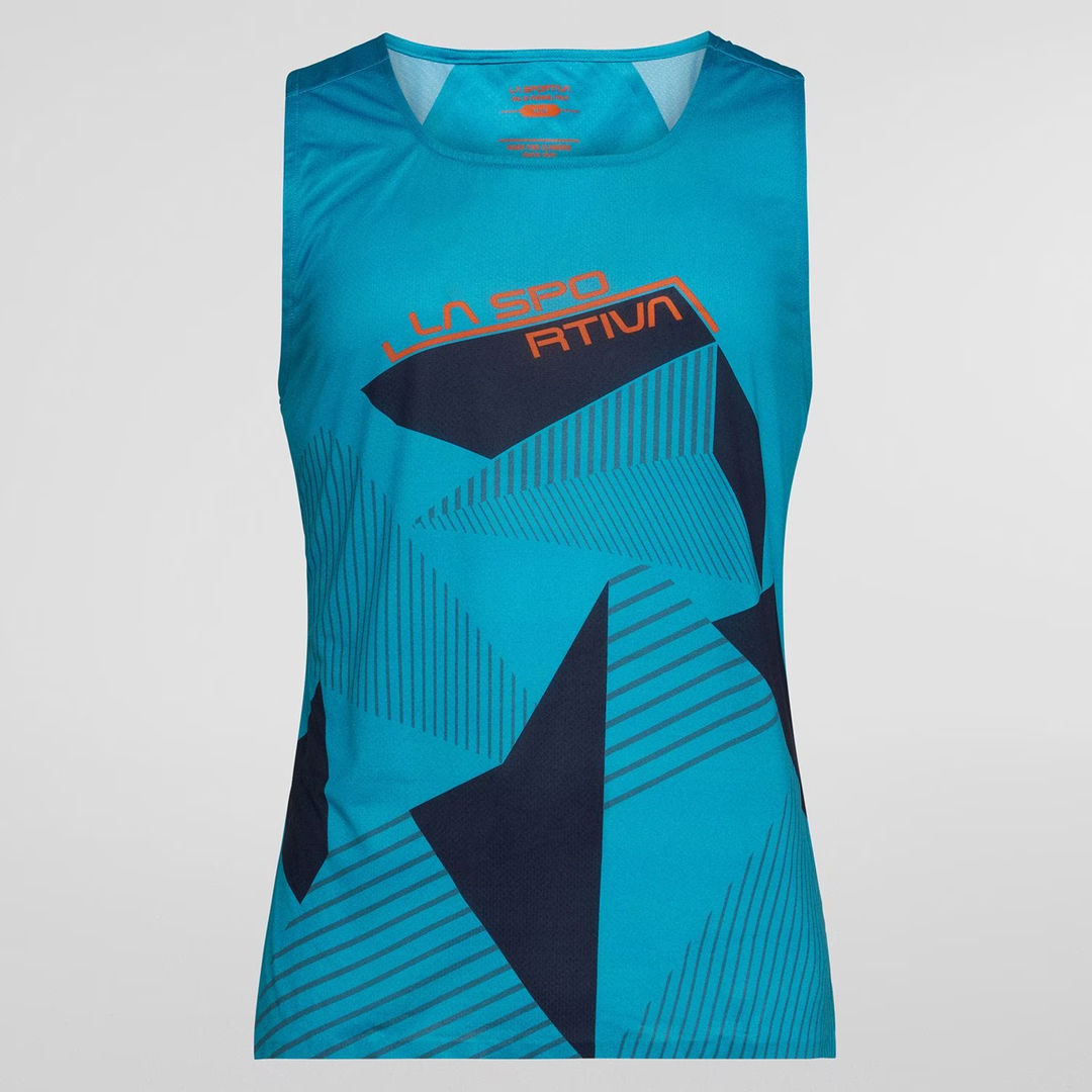 Lightweight blue Comp Tank M climbing T-shirt with modern geometric design.