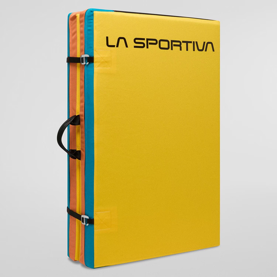 Crash pad Allez per bouldering outdoor, design compatto e resistente con imbottitura a tre strati, nylon 1200d, arancione e giallo.