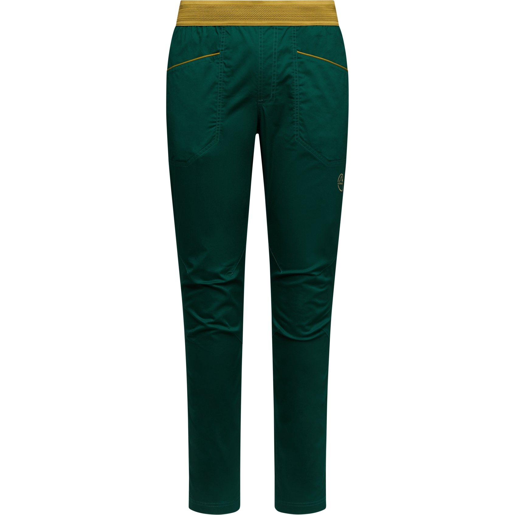Roots Pants M for climbing, featuring elastic waist, articulated knees, organic cotton fabric, and spacious pockets.