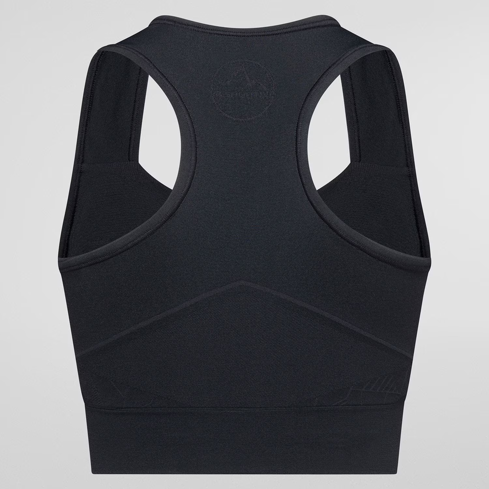 Eco-friendly black seamless sports bra with body-mapped structure for support and breathability.